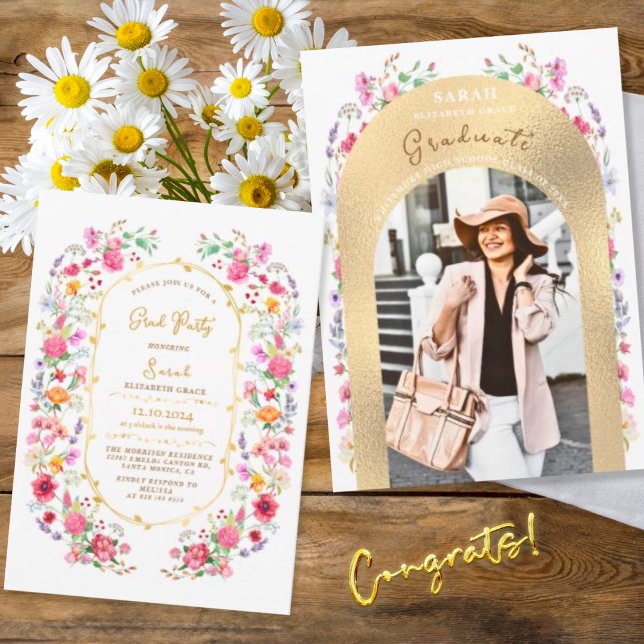 chic floral watercolor photo graduation party invitation (Creator Uploaded)