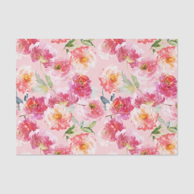 Chic Floral Watercolor Pink Peonies Pattern Tissue Paper (Front)