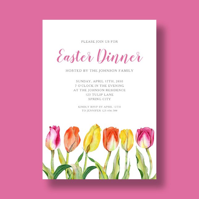Chic Floral Watercolor Tulip Easter Dinner  Invitation (Chic Floral Watercolor Tulip Easter Dinner Invitation)