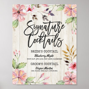 Chic Floral Wedding Signature Cocktail Drink Menu Poster