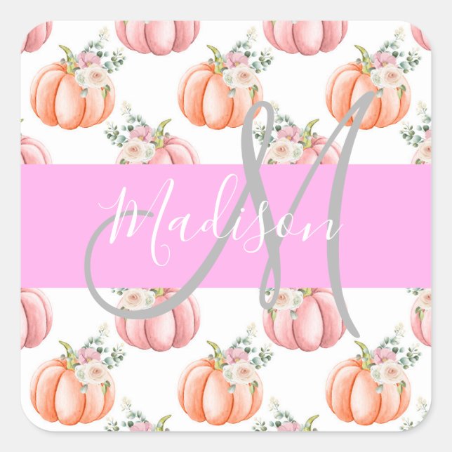 Chic Floral White Pink Peach Pumpkin Monogram Name Square Sticker (Front)