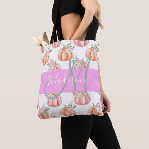 Chic Floral White Pink Peach Pumpkin Monogram Name Tote Bag
