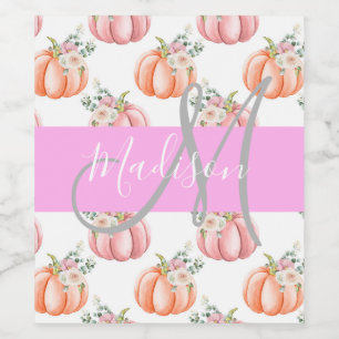 Chic Floral White Pink Peach Pumpkin Monogram Name Wine Label