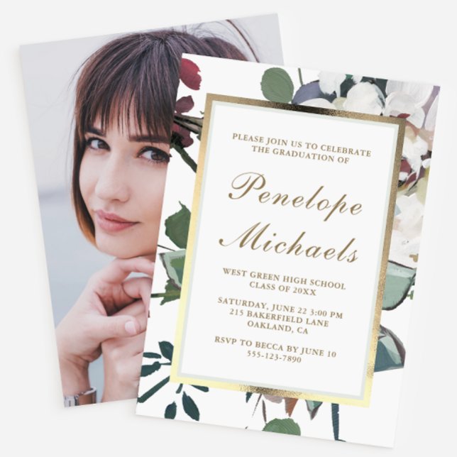 Chic Floral with Faux Gold Photo Graduation Party Invitation (Creator Uploaded)