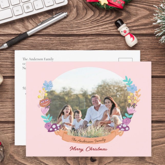Chic Floral Wreath Blush Pink Christmas Photo Holiday Postcard (Creator Uploaded)
