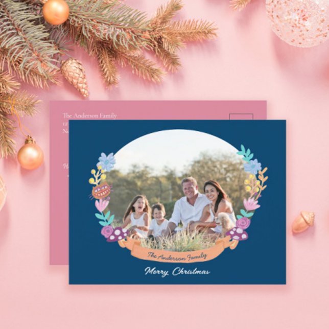 Chic Floral Wreath Dark Blue Photo Christmas Holiday Postcard (Creator Uploaded)