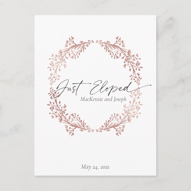 Chic Floral Wreath Just Eloped Announcement Invite Postcard (Front)