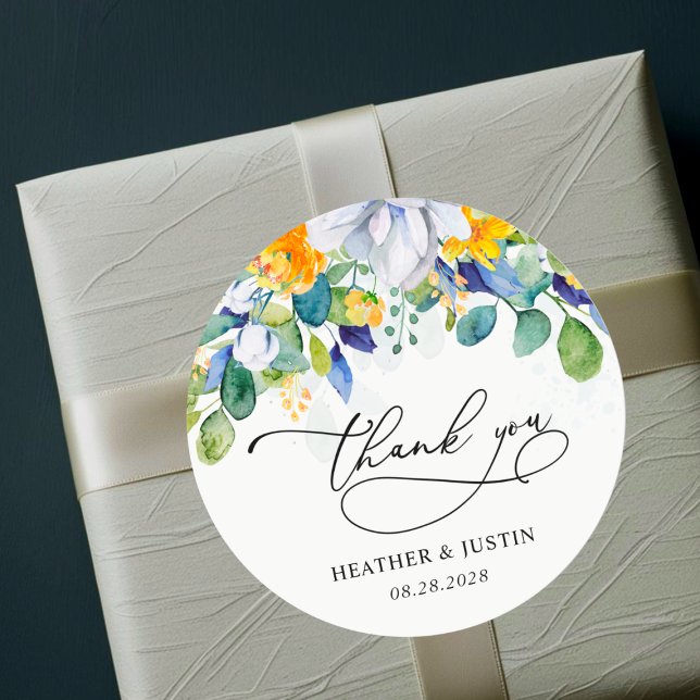 Chic floral yellow blue wedding monogram thank you classic round sticker (Creator Uploaded)