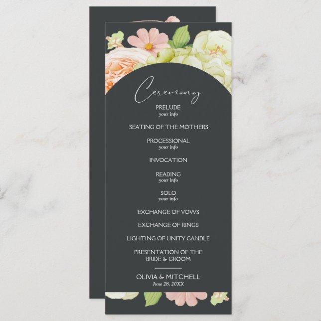 Chic Florals Dark Wedding Ceremony Programme (Front/Back)