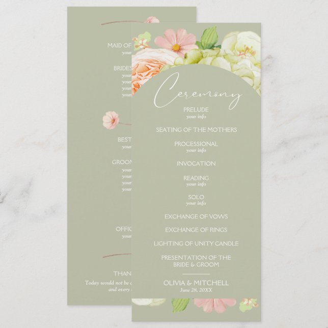 Chic Florals Sage Green Wedding Ceremony Programme (Front/Back)