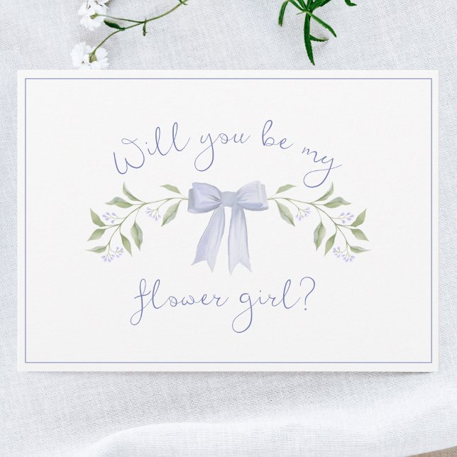 Chic Flower Girl Proposal with Bow Cute Dusty Blue Card (Creator Uploaded)