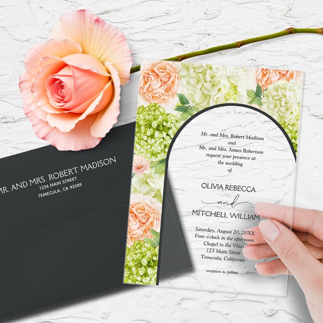 Chic Flowers Brown Arch Wedding Acrylic Invitations (Watercolor flowers with a onyx light black arch on CLEAR or FROSTED acrylic wedding invitations)