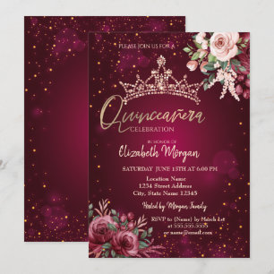 Chic Flowers Crown Red Quinceañera Invitation