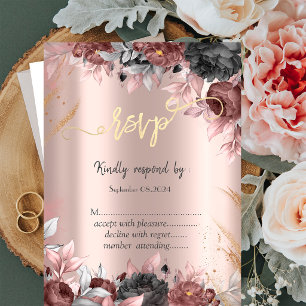 Chic Flowers Dark Roses Rose Gold RSVP Invitation