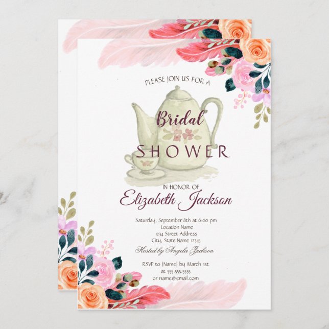 Chic Flowers Feather Teapot Bridal Shower Invitation (Front/Back)
