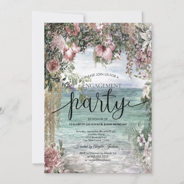 Chic Flowers Ocean Engagement  Invitation (Front)
