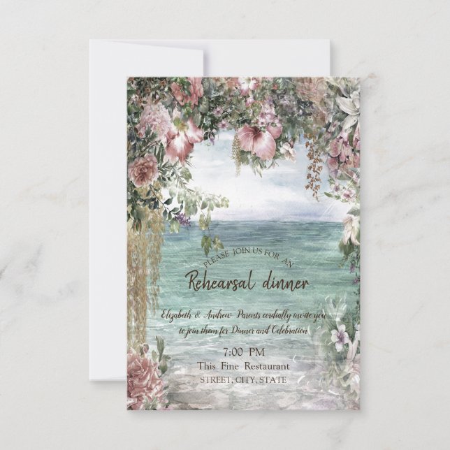 Chic Flowers Ocean Rehearsal Dinner Invitation (Front)