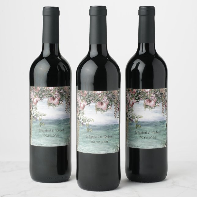 Chic Flowers Ocean Wedding Wine Label (Bottles)