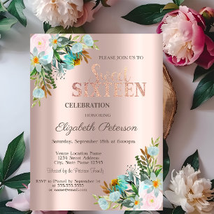 Chic Flowers Rose Gold Sweet 16 Invitation