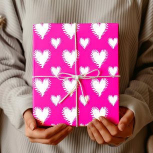 Chic Fluffy White Valentine Heart Magenta Pink Wrapping Paper