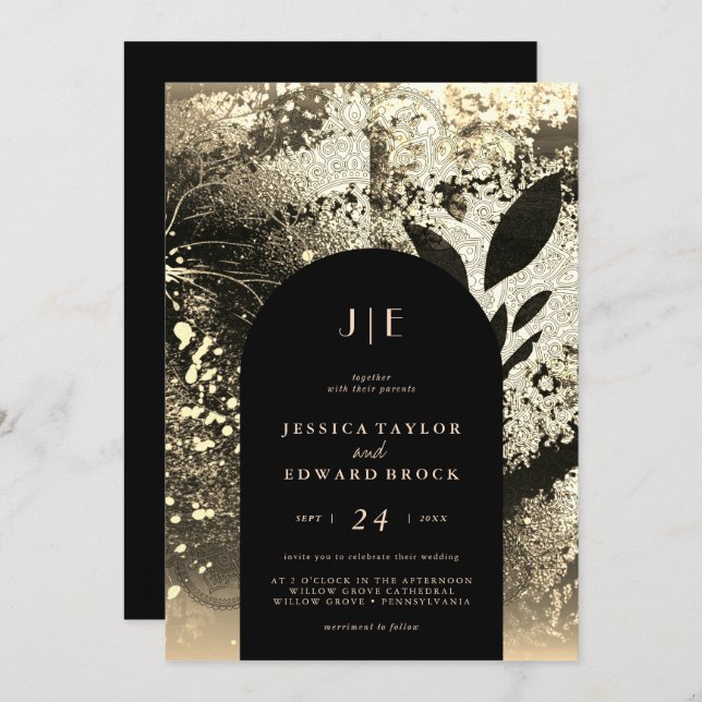 Chic Foil Faux Gold Botanical Abstract Wedding Invitation (Front/Back)