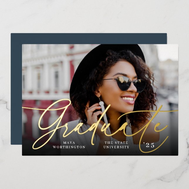 Chic Foil Script | Photo Graduation Announcement (Front/Back)