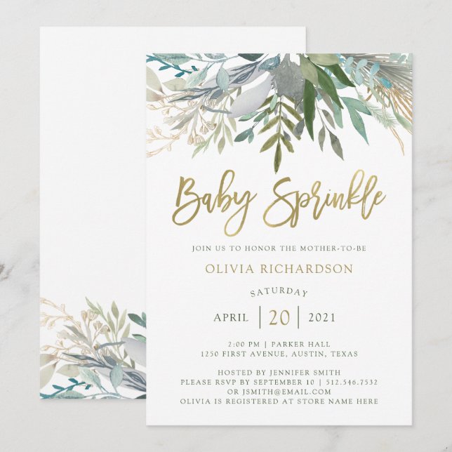 Chic Foliage | Baby Sprinkle with Faux Gold Script Invitation (Front/Back)