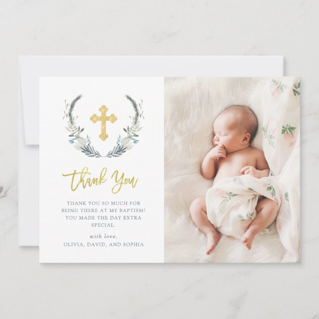 Chic Foliage | Baptism Photo Thank You Card (Front)