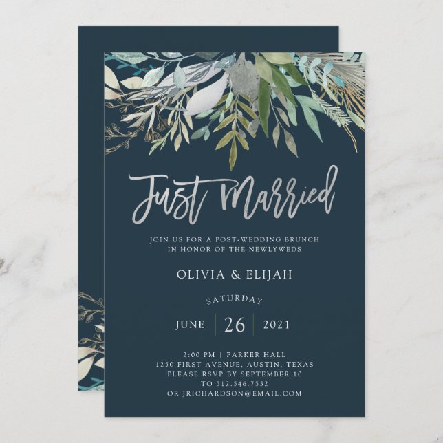 Chic Foliage | Dark Blue Just Married Invitation (Front/Back)
