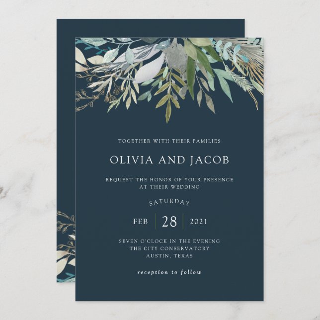 Chic Foliage | Dark Blue Wedding Invitation (Front/Back)