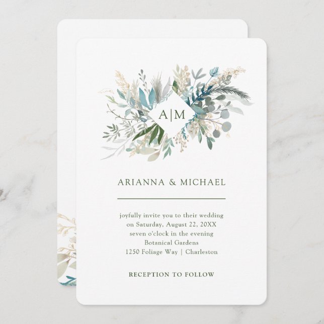 Chic Foliage | Monogram Wedding Invitation (Front/Back)