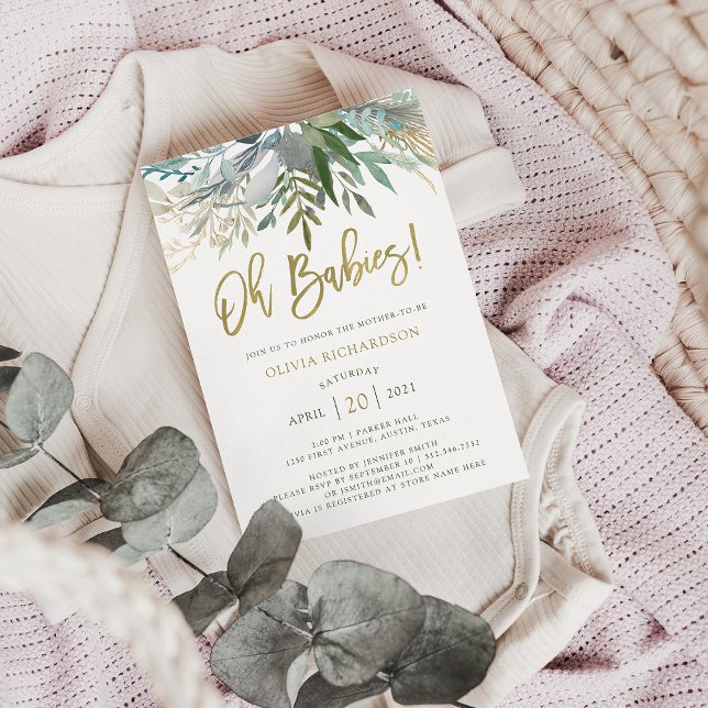 Chic Foliage | Twins Baby Shower and Gold Script Invitation (Creator Uploaded)