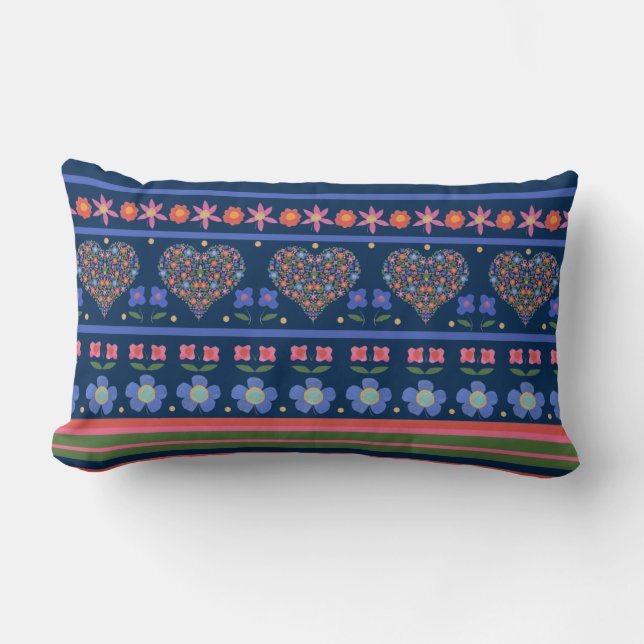Chic Folk Art Floral Hearts Border Lumbar Pillow