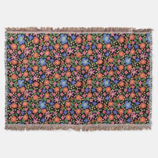 Chic Folk Art Style Floral on Black Throw Blanket (Front)