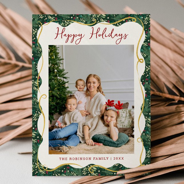 Chic Forest Green Botanical Happy Holidays 1 Photo Holiday Card (Creator Uploaded)