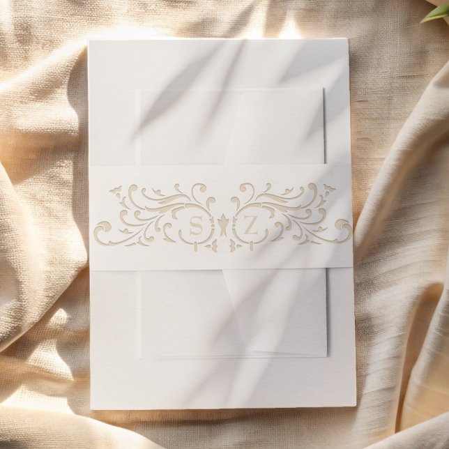 Chic Formal Ecru Scrollwork Monogram Wedding Invitation Belly Band (Creator Uploaded)