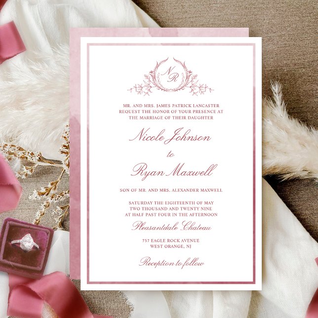 Chic Formal Monogram Burgundy Watercolor Wedding Invitation (Creator Uploaded)