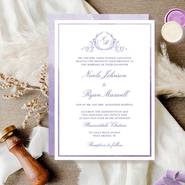 Chic Formal Monogram Lavender Watercolor Wedding Invitation (Creator Uploaded)