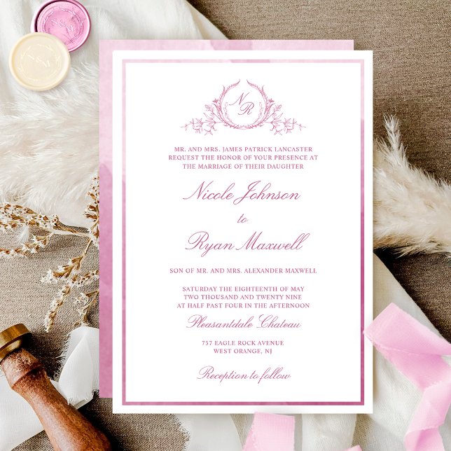 Chic Formal Monogram Mauve Pink Watercolor Wedding Invitation (Creator Uploaded)