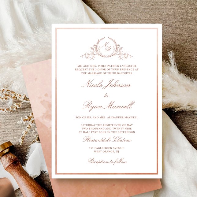 Chic Formal Monogram Terracotta Watercolor Wedding Invitation (Creator Uploaded)