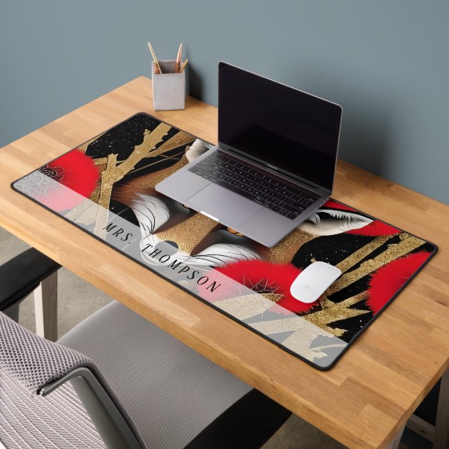 Chic Fox Red Flowers Gold Glitters Personalised Desk Mat (Office 2)