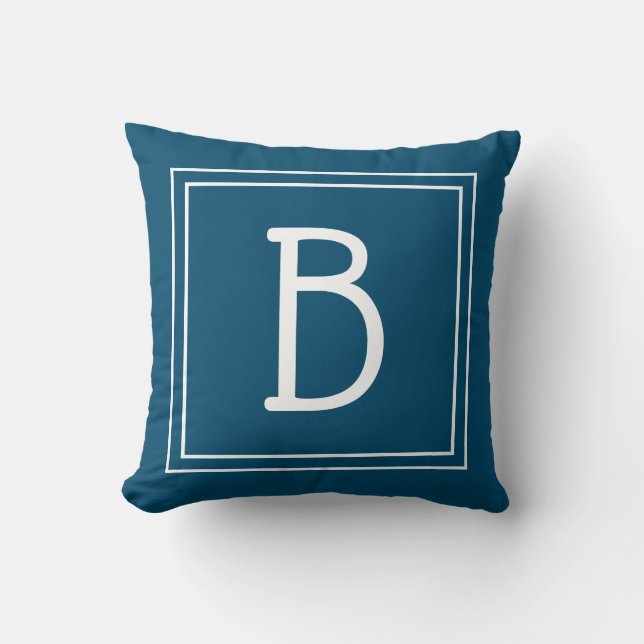 Chic Framed Monogram Initial Trendy Blue & White Cushion (Front)