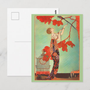 Chic French Art Nouveau Parrot Birdcage Garden Art Postcard