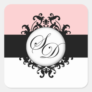 Chic French Black Monograms Damask Wedding Labels