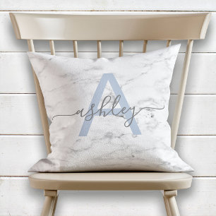 Chic French Blue & Gray Marble Name Monogram Cushion