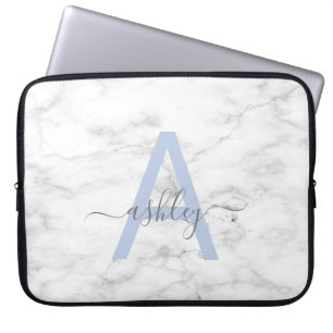 Chic French Blue White Marble Script Name Monogram Laptop Sleeve