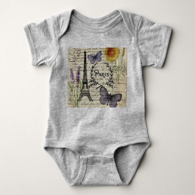 chic french butterfly scripts paris eiffel tower baby bodysuit (Front)