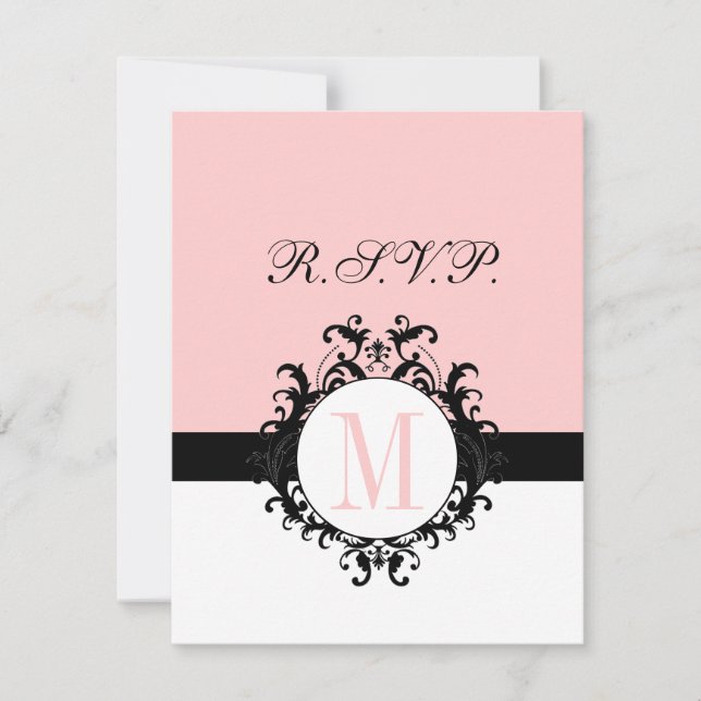 Chic French Damask Monogram Wedding RSVP Card (Front)
