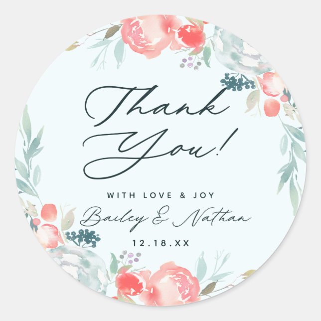 Chic French Garden Floral Peony Wedding Thank You Classic Round Sticker (Front)