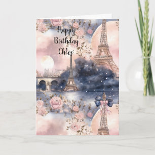 Chic French Pink Blue Paris Eiffel Tower Birthday Card